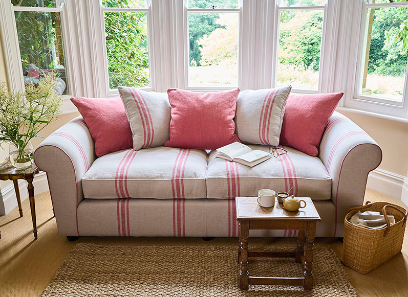 Lewes 3 Seater Sofa in Walloon Stripe Red with Scatters in Walloon & Linwood Luna